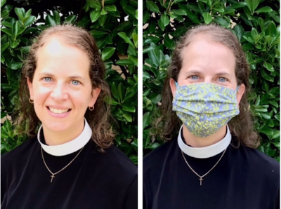 Pastor Julie Bringman with and without mask 2020